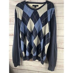 Tommy Hilfiger Sweater Mens Large Blue Plaid V-Neck 100% Cotton Preppy